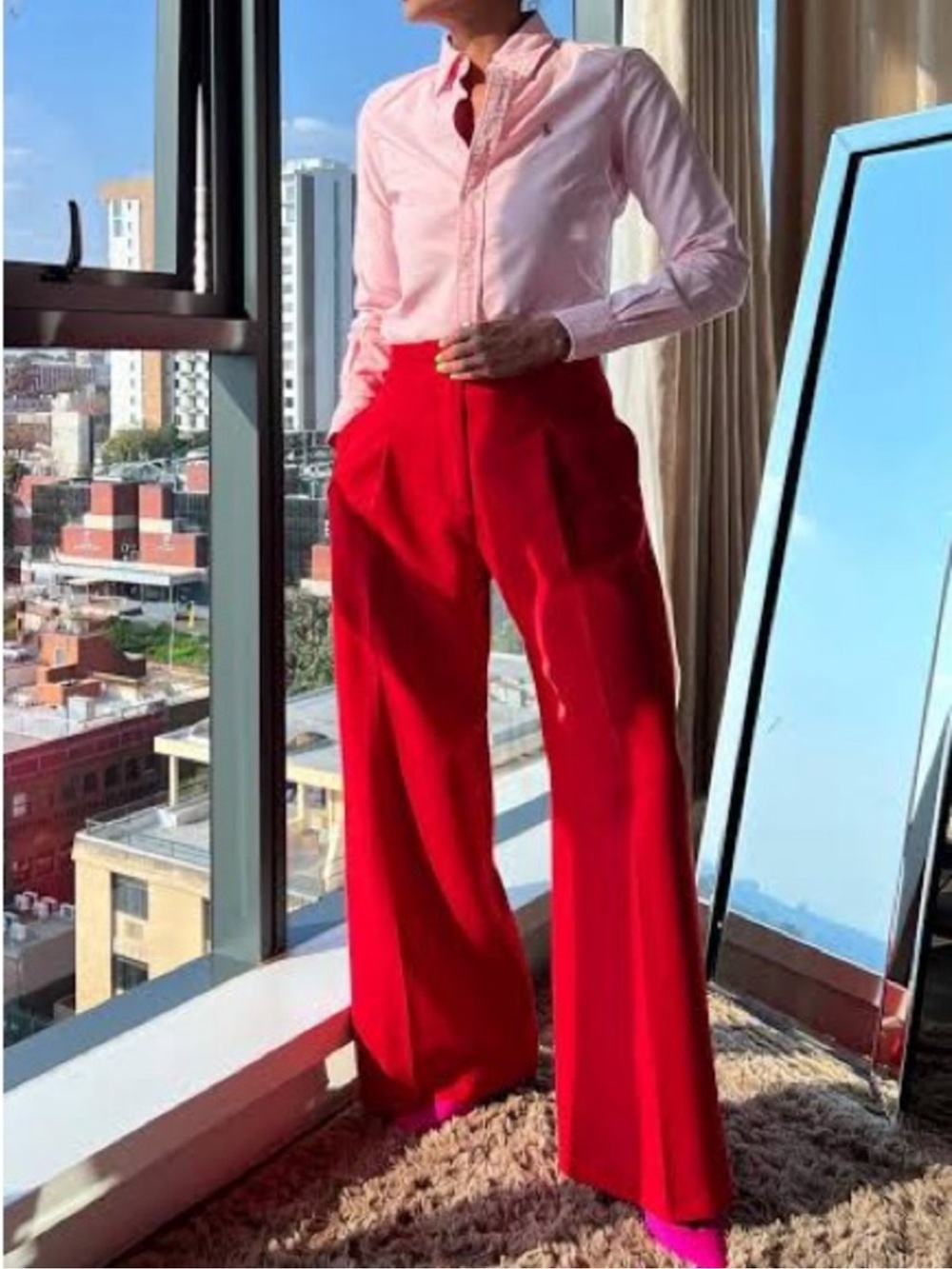 Zara Red Wide Leg Pleated Trousers